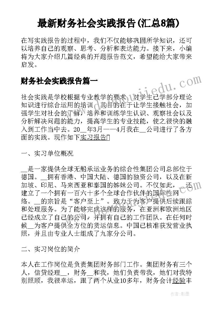 最新财务社会实践报告(汇总8篇)