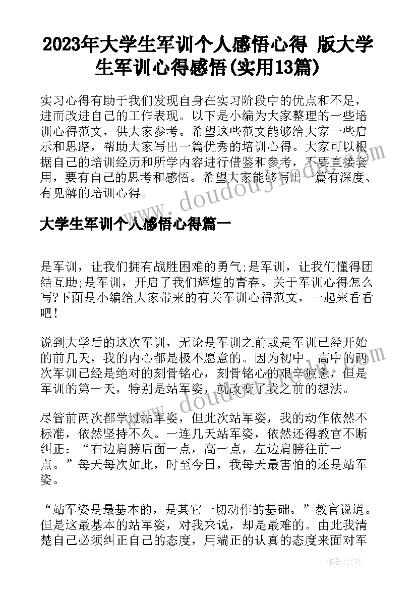 2023年大学生军训个人感悟心得 版大学生军训心得感悟(实用13篇)