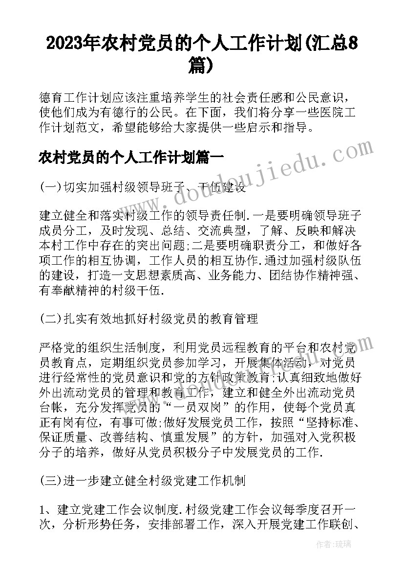 2023年农村党员的个人工作计划(汇总8篇)