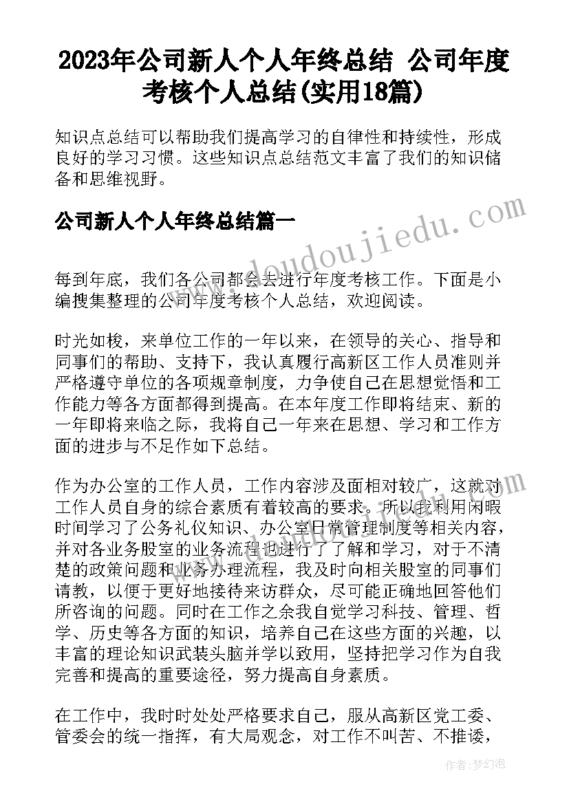 2023年公司新人个人年终总结 公司年度考核个人总结(实用18篇)