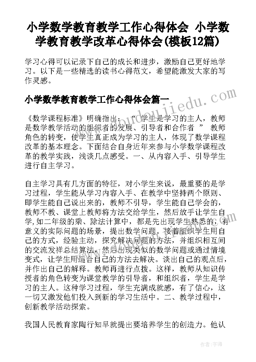 小学数学教育教学工作心得体会 小学数学教育教学改革心得体会(模板12篇)