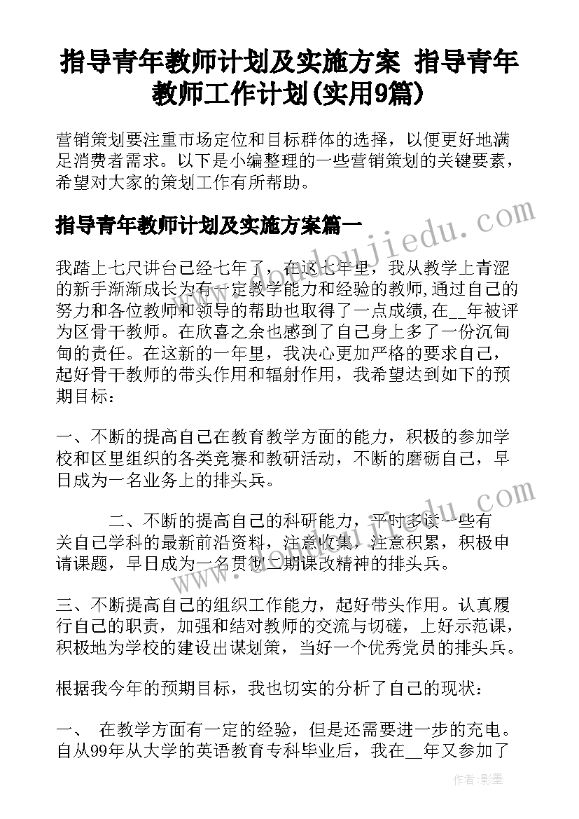 指导青年教师计划及实施方案 指导青年教师工作计划(实用9篇)