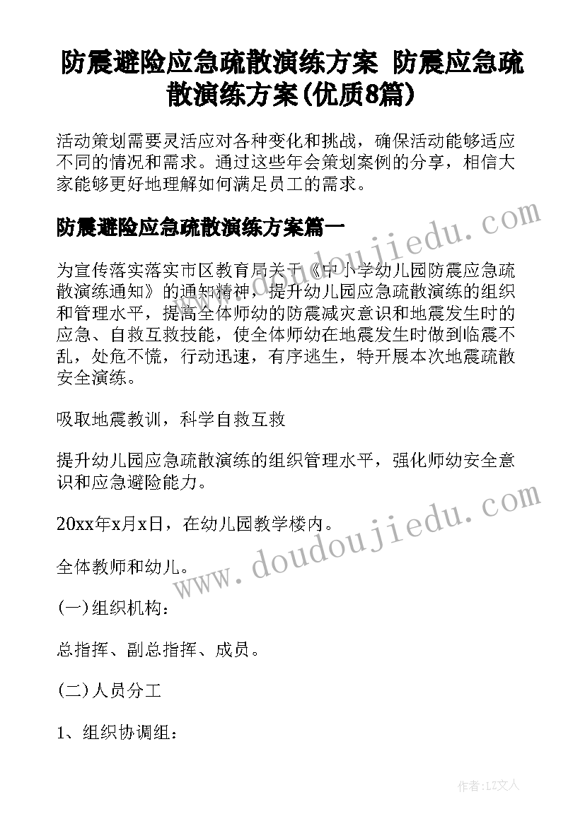 防震避险应急疏散演练方案 防震应急疏散演练方案(优质8篇)