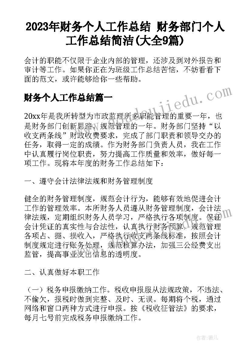 2023年财务个人工作总结 财务部门个人工作总结简洁(大全9篇)