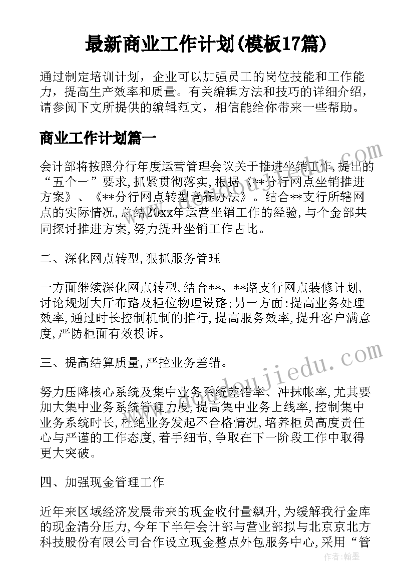 最新商业工作计划(模板17篇)