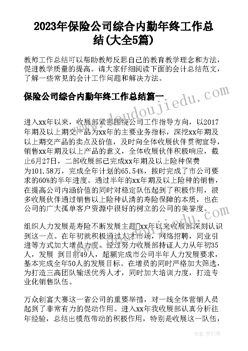 2023年保险公司综合内勤年终工作总结(大全5篇)