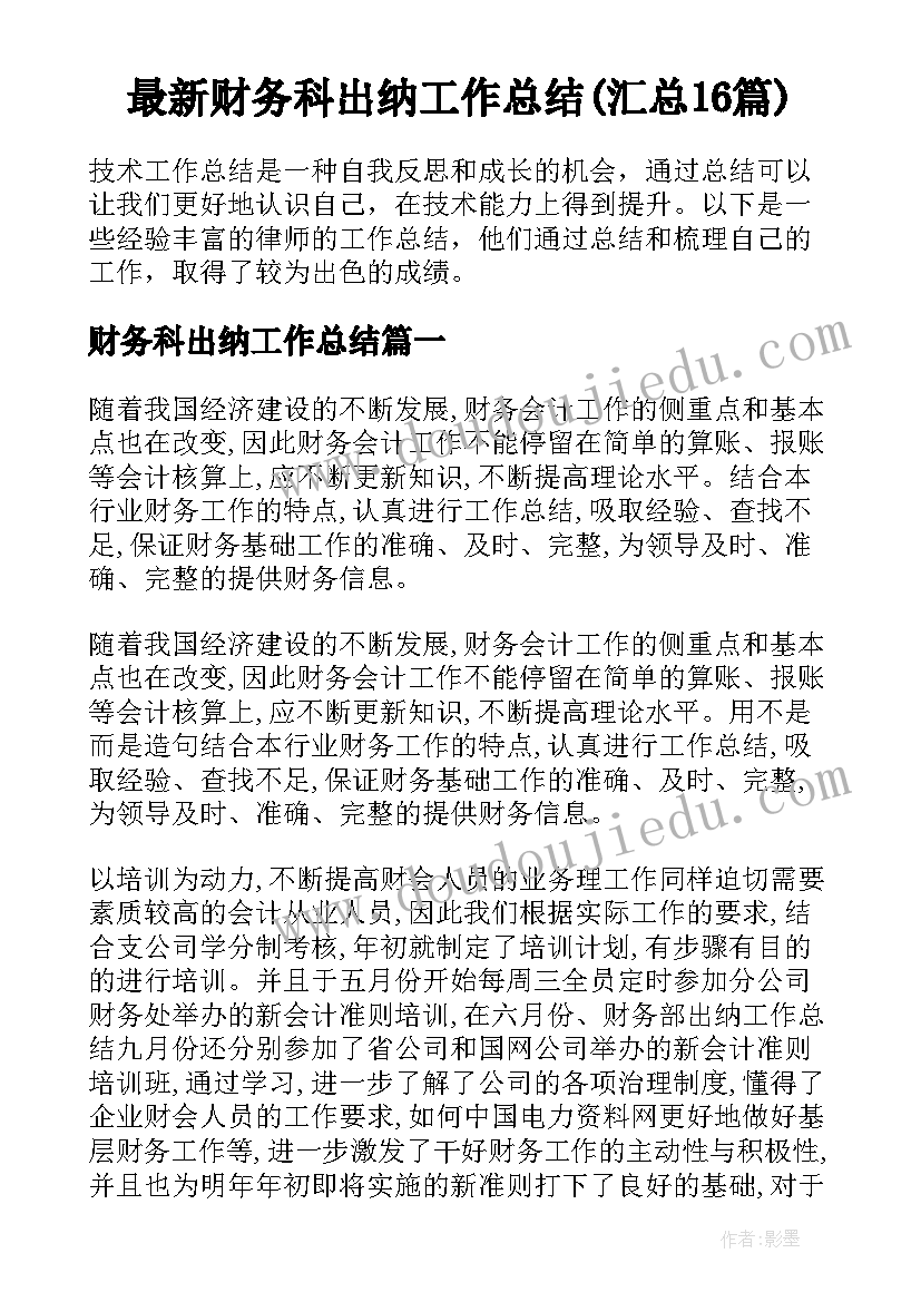 最新财务科出纳工作总结(汇总16篇)