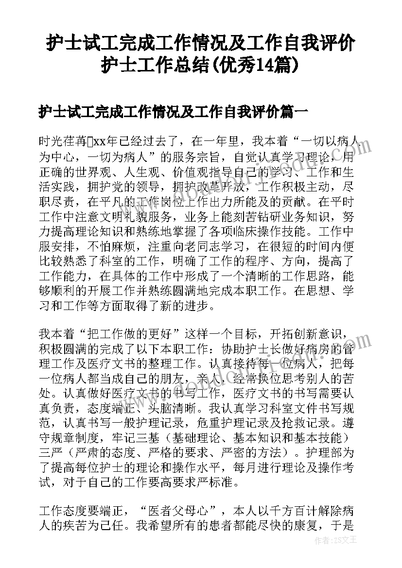 护士试工完成工作情况及工作自我评价 护士工作总结(优秀14篇)