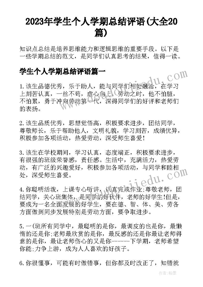 2023年学生个人学期总结评语(大全20篇)