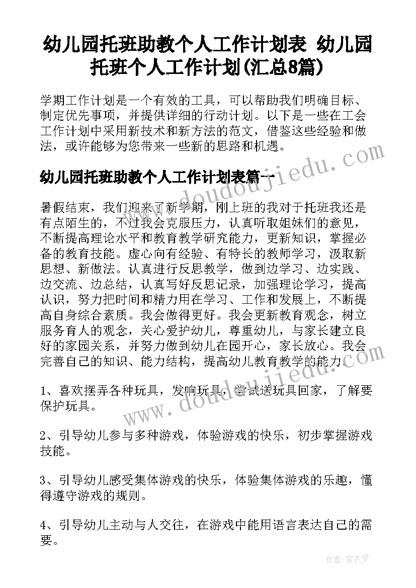 幼儿园托班助教个人工作计划表 幼儿园托班个人工作计划(汇总8篇)