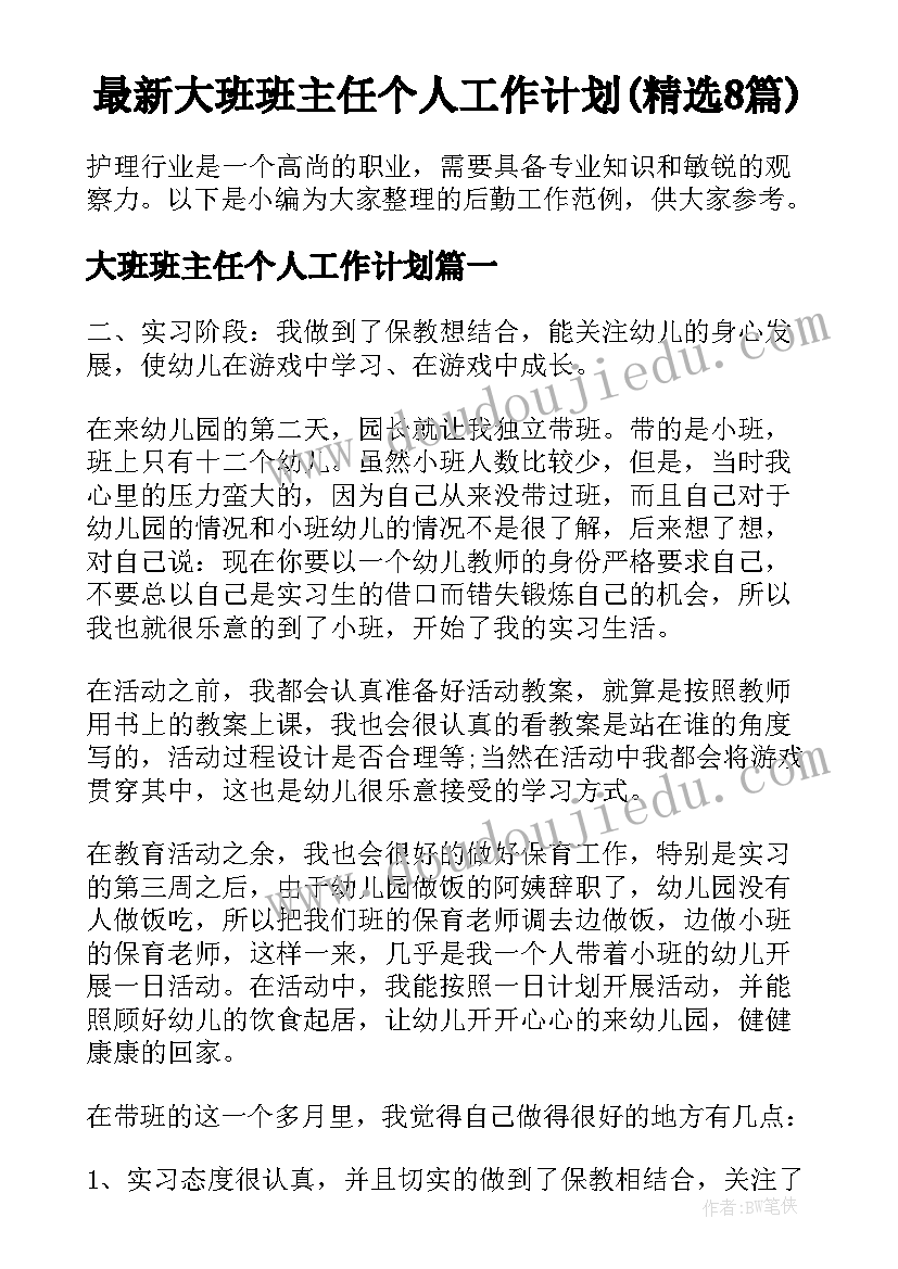 最新大班班主任个人工作计划(精选8篇)