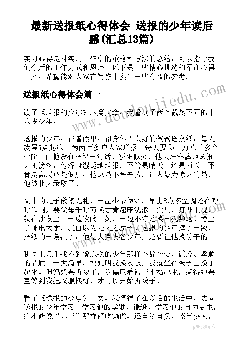 最新送报纸心得体会 送报的少年读后感(汇总13篇)