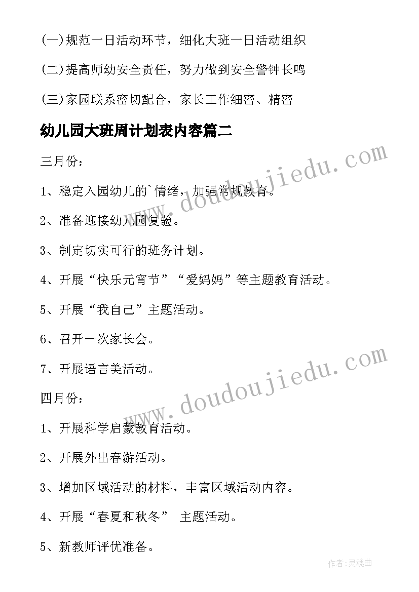 2023年幼儿园大班周计划表内容(实用8篇)