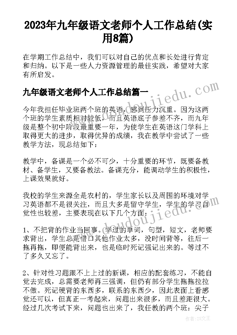 2023年九年级语文老师个人工作总结(实用8篇)