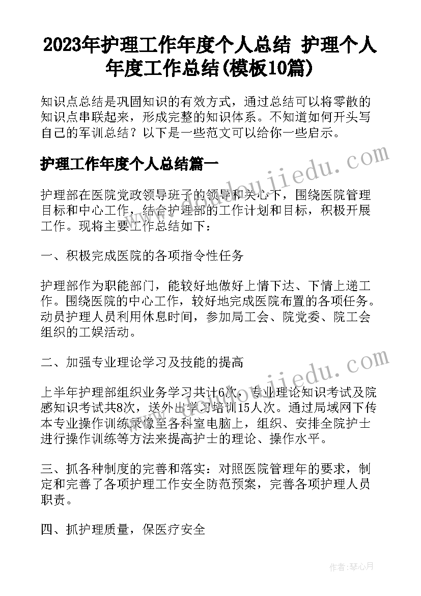 2023年护理工作年度个人总结 护理个人年度工作总结(模板10篇)