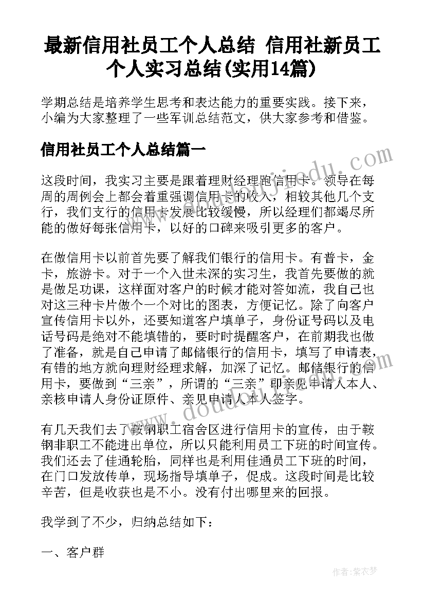 最新信用社员工个人总结 信用社新员工个人实习总结(实用14篇)