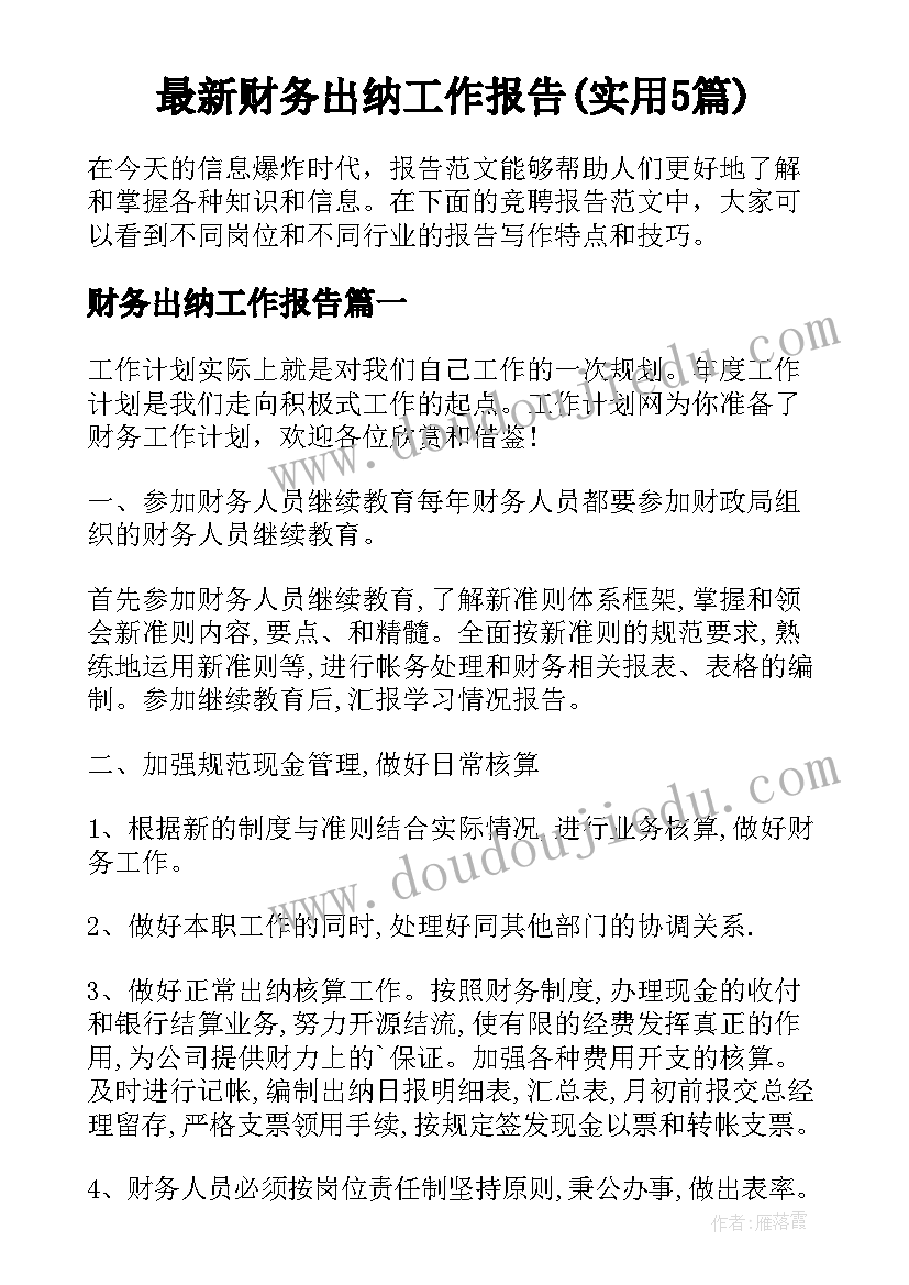 最新财务出纳工作报告(实用5篇)