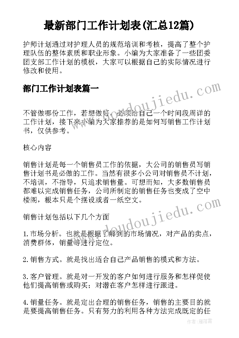 最新部门工作计划表(汇总12篇)