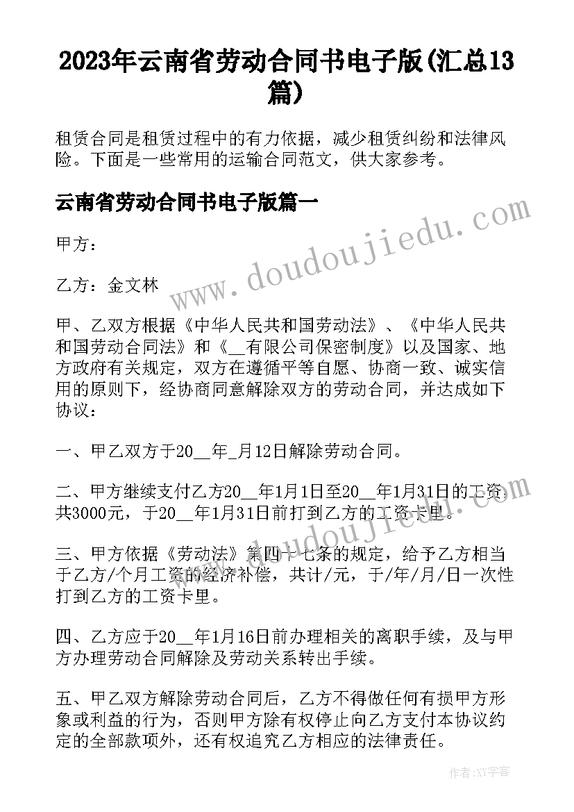 2023年云南省劳动合同书电子版(汇总13篇)