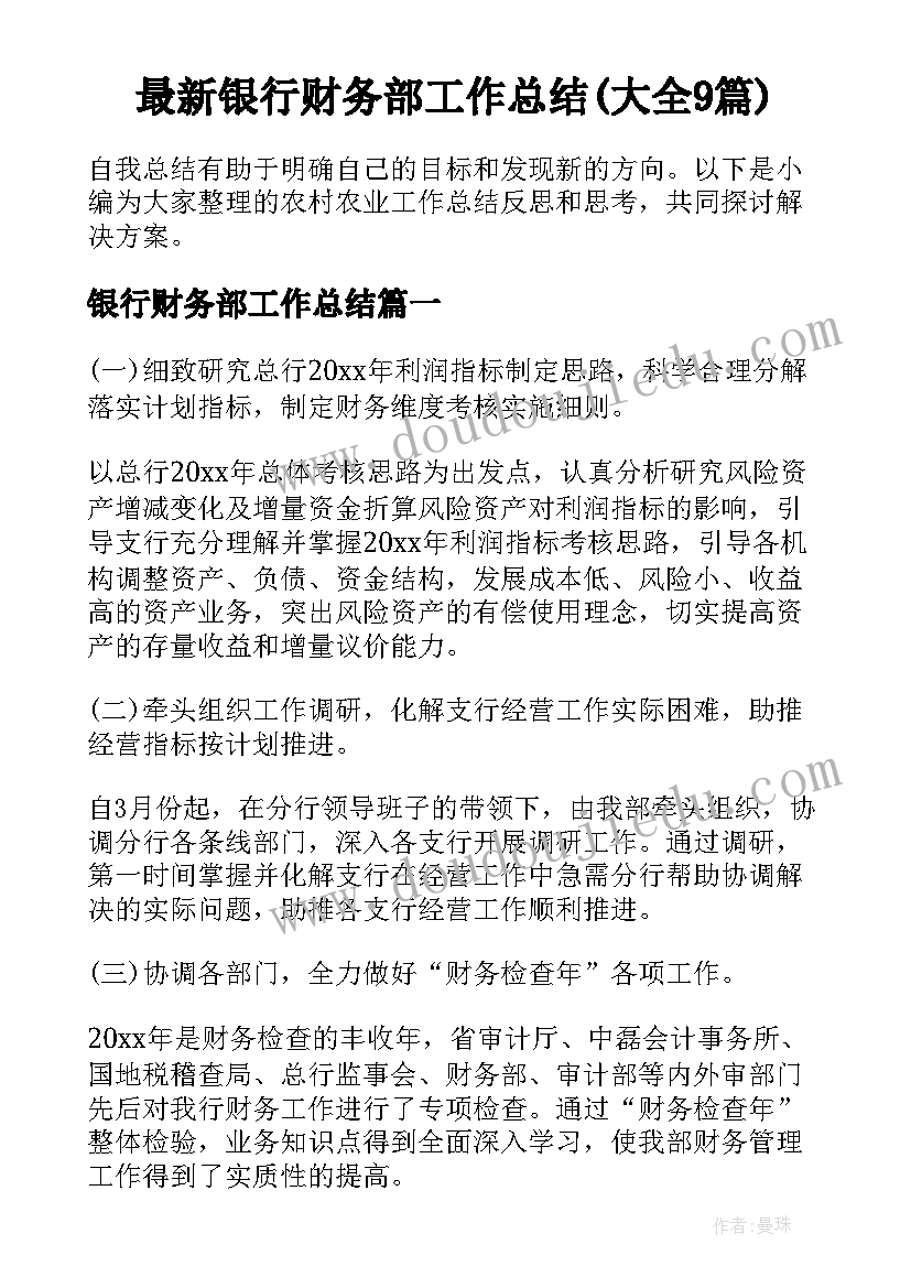 最新银行财务部工作总结(大全9篇)