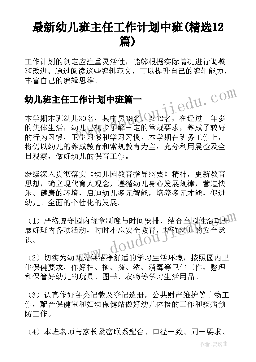 最新幼儿班主任工作计划中班(精选12篇)