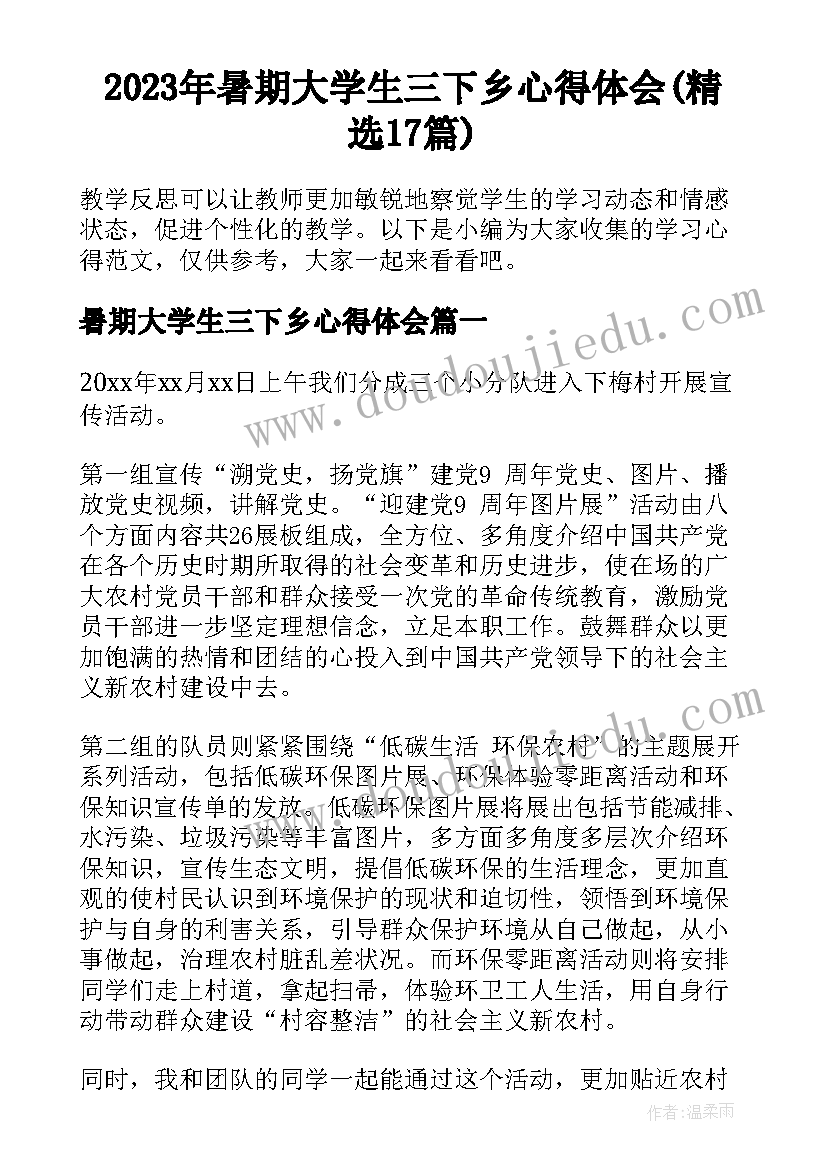 2023年暑期大学生三下乡心得体会(精选17篇)