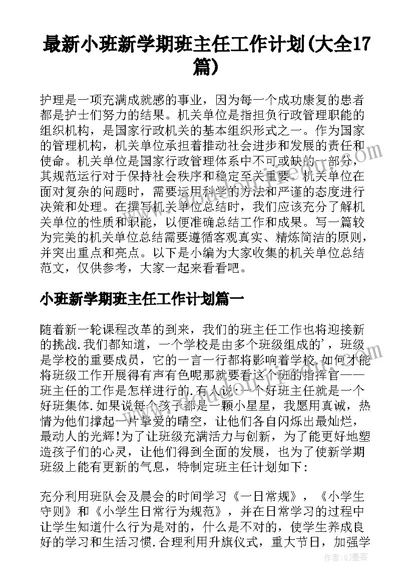 最新小班新学期班主任工作计划(大全17篇)