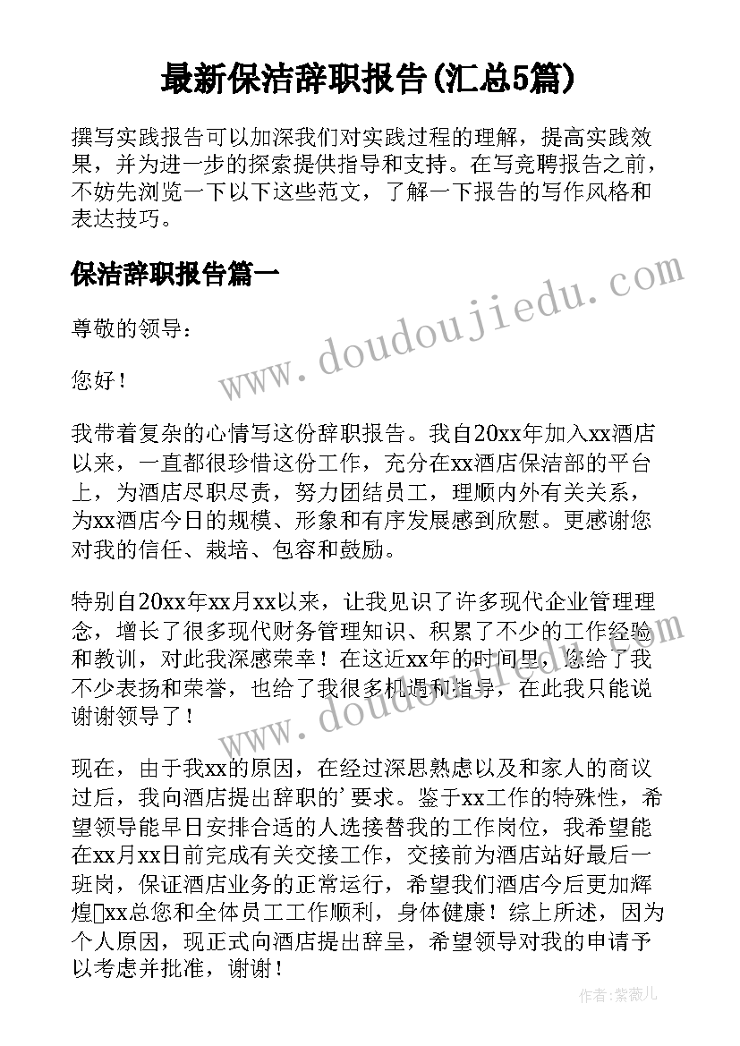 最新保洁辞职报告(汇总5篇)