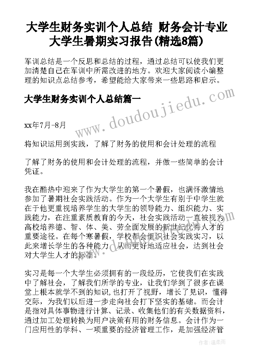 大学生财务实训个人总结 财务会计专业大学生暑期实习报告(精选8篇)