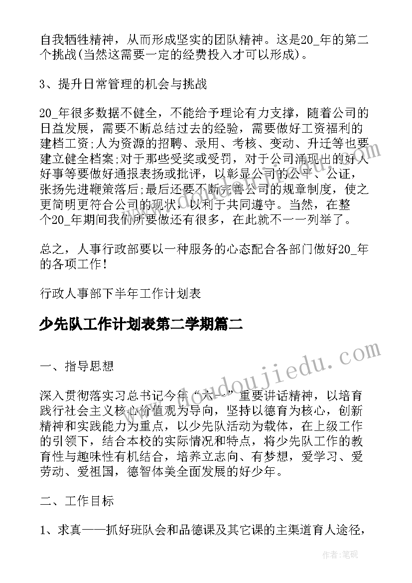 2023年少先队工作计划表第二学期 行政人事部下半年工作计划表(优秀18篇)