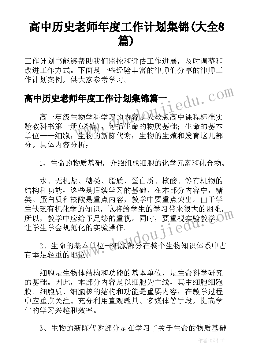 高中历史老师年度工作计划集锦(大全8篇)