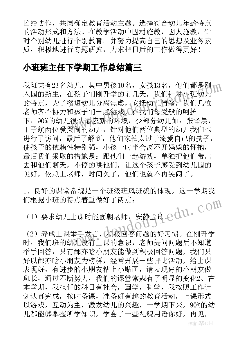 最新小班班主任下学期工作总结(模板11篇)